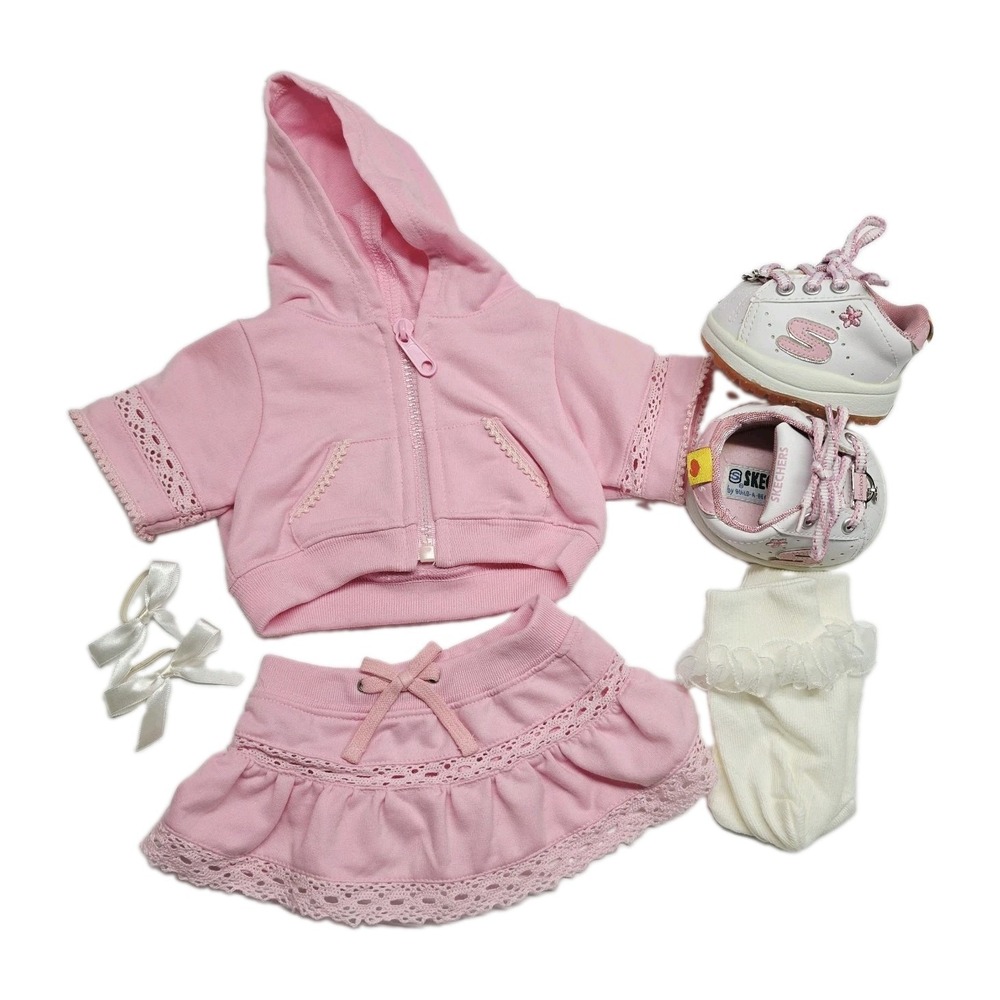 Build A Bear 2 Piece Pink Mini Skirt Outfit & Sneakers, Socks, Bows